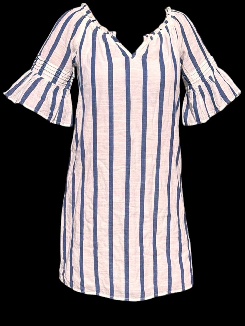Mlle Gabrielle Navy and White Vertical-Stripe Midi Dress